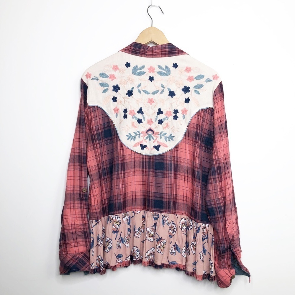 JOHN • Mark mixed media plaid embroidered button-down shirt - Picture 6 of 11